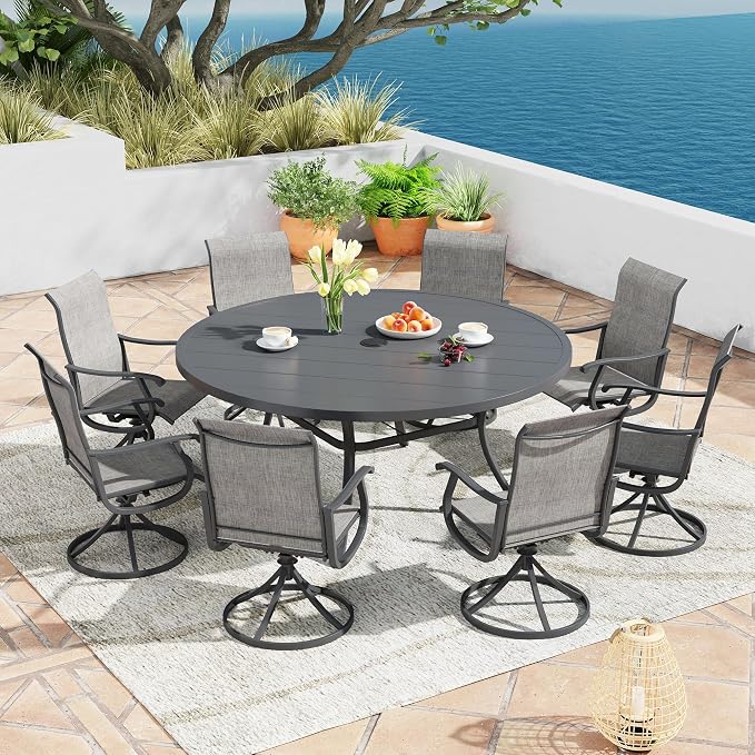 9 Pieces Patio Furniture Dining Set, 8 Textilene Swivel Dining Chairs, 60" Outdoor Round Metal Table with 1.57" Umbrella Hole, Outdoor Dining Set for Porch, Lawn, Garden, Grey/Grey