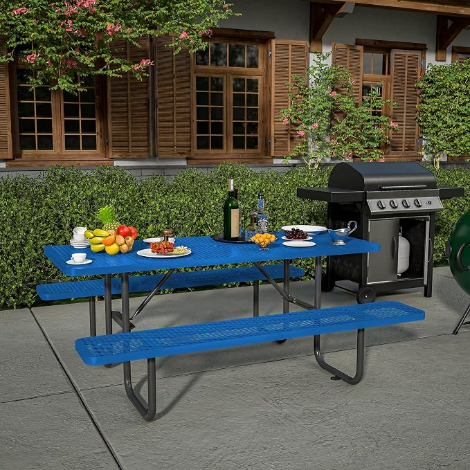 72'' Rectangular Metal Picnic Table with 1.73" Umbrella Hole, Heavy Duty Steel Mesh Table Set, Weather Resistant Sturdy Outdoor Furniture, for Patio, Garden, Courtyard & BBQ, Blue