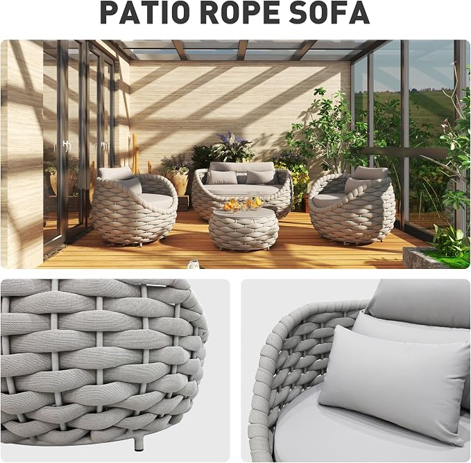 4Pcs Light Grey Wicker Patio Conversation Set, Handwoven Outdoor Indoor Sofa with Loveseat, 2 Single Chairs & Coffee Table, Weather Resistant Furniture for Backyard Garden Deck