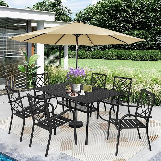 SUNCROWN 8-Piece Outdoor Wrought Iron Chairs and Table Patio Dining Furniture Set - 6 Stackable Metal Chairs, 1 Steel Slat Bistro Table and 1 Brown 9Ft Patio Umbrella for Garden Backyard Deck