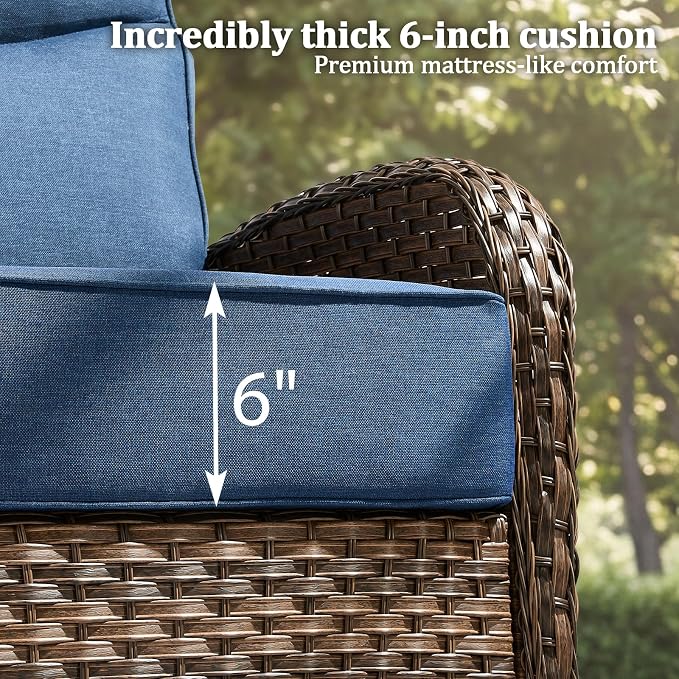 Outdoor Swivel Rocking Chair Patio Set (12pcs) High-Back - Thick Cushion Swivel Rocking Chair Patio with Sofa Set, All-Weather Wicker Patio Furniture Set, Suitable for Balcony Patios, Brown/Blue