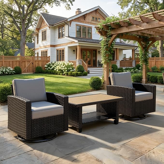 WWR Patio Furniture Set-30% Thicker Wicker-Luxury 3 Piece PatioWicker Outdoor Patio Conversation Set with Extra Wide & Thick Cushions, Swivel Rocking Chairs for Backyard, Porch & Deck
