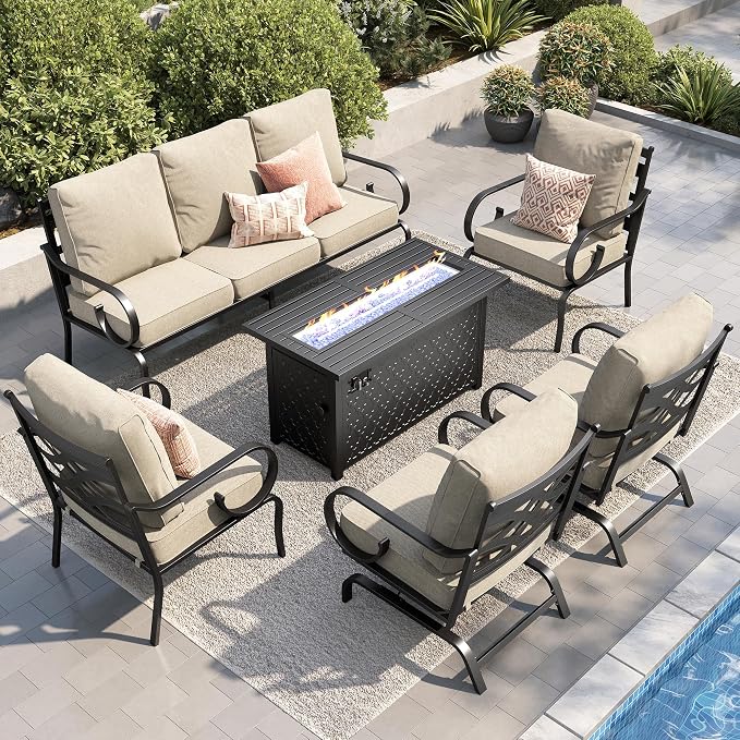 PHI VILLA Patio Furniture Set, 3-Seater Sofa, 2 Fixed Chairs, 2 Rocking Chairs and a 45" Fire Pit Table, Outdoor Metal Conversation Set with 5.75" Extra Thick Cushion for Garden Backyard Deck, Beige