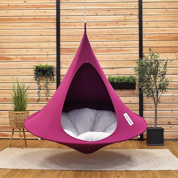 Double Cacoon Hanging Chair for Two – Cozy Indoor/Outdoor Hammock with Polyester Canvas, 440 lb Capacity, Includes 18ft Rope & Carabiner (Mulberry)