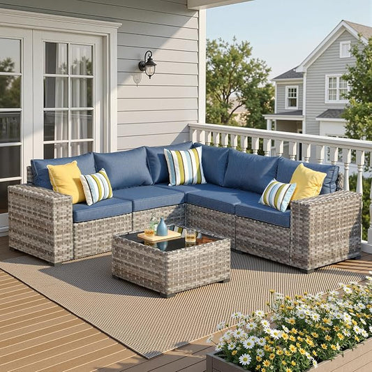 6 Pieces Patio Furniture Set, Outdoor Wicker Sectional Sofa with 7.7" Extra Wide Armrests, Modern Rattan Modular Conversation Set with Thickened Deep Seat Cushions for Garden Backyard, Denim Blue