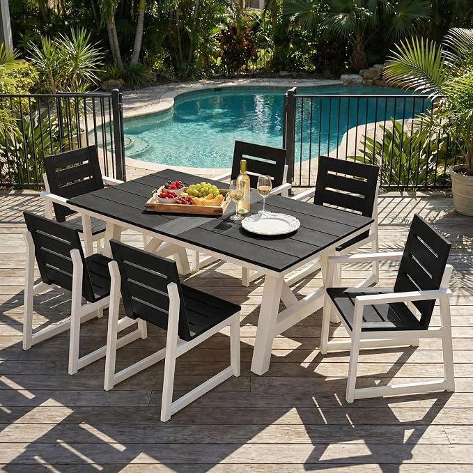 Costaelm Stinson 7-Piece Outdoor HDPE Patio Dining Table Set with Umbrella Hole & Dining Chairs for 6, Black