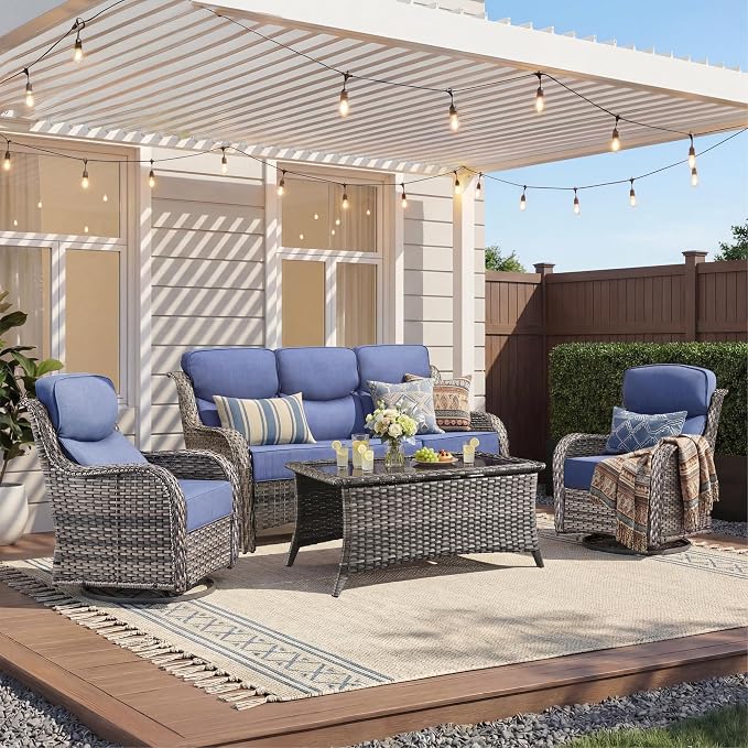 Luxury 4 Pieces Patio Furniture Set-Outdoor Swivel Rocker Patio Chairs with 6" Extra Thick Cushions, High Back Outdoor Couch and Coffee Table, Wicker Conversation Sets for Porch Deck(Grey/Blue)