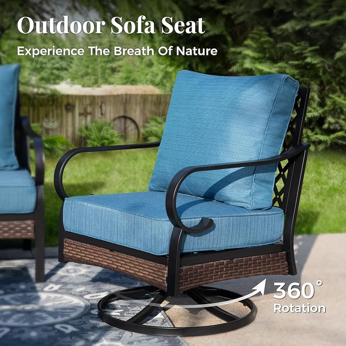MIXPATIO Patio Furniture Set with Coffee Table, Outdoor Conversation Set with 2 x Fixed Chairs, 2 x Swivel Chairs, 1 x 3-Seat Sofa for Lawn Garden Backyard, Pacific Blue