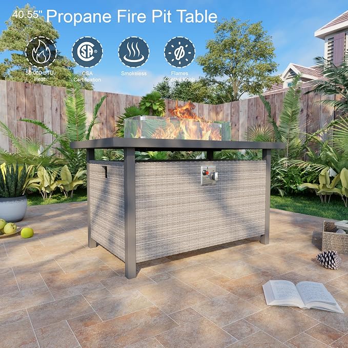 13-Piece Patio Furniture Set, Outdoor Patio Conversation Set with 60,000 BTU Fire Pit Table, PE Rattan Wicker Sectional Sofa with Large Capacity Seats, Widened Armrests, Extra High Backrest, Navy Blue