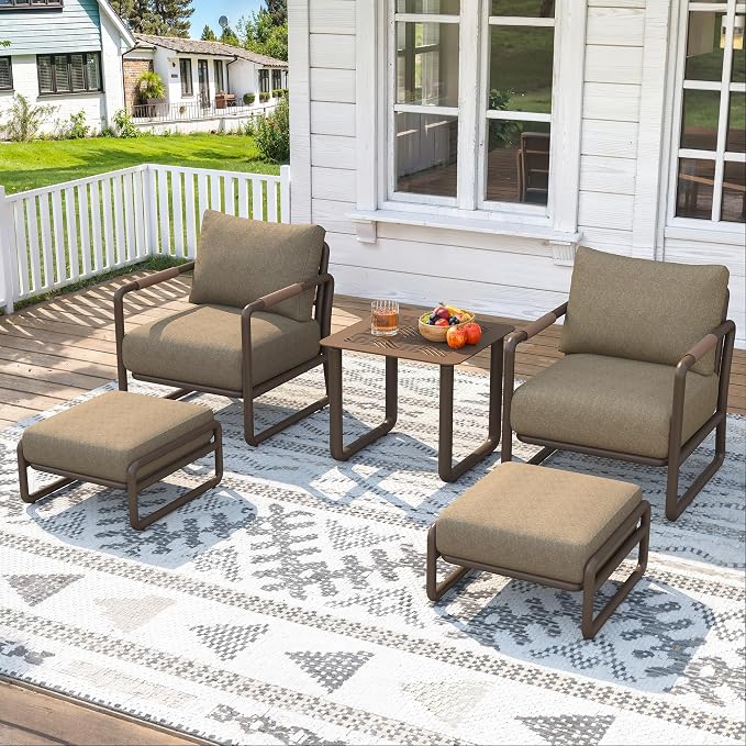 2-Seat Aluminum Patio Furniture Set with Ottomans, All-Weather Outdoor Conversation Sofa with 6.5" Thick Olefin Cushions, Rust-Proof Patio Set for Pool, Garden, Backyard, Brown