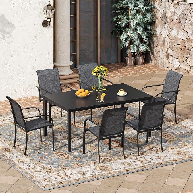 VICLLAX 7 Pieces Patio Outdoor Dining Set, 63" Rectangular Metal Dining Table with Umbrella Hole and 6 Stackable Textilene Chairs for Lawn, Garden, Porch, Black/Grey