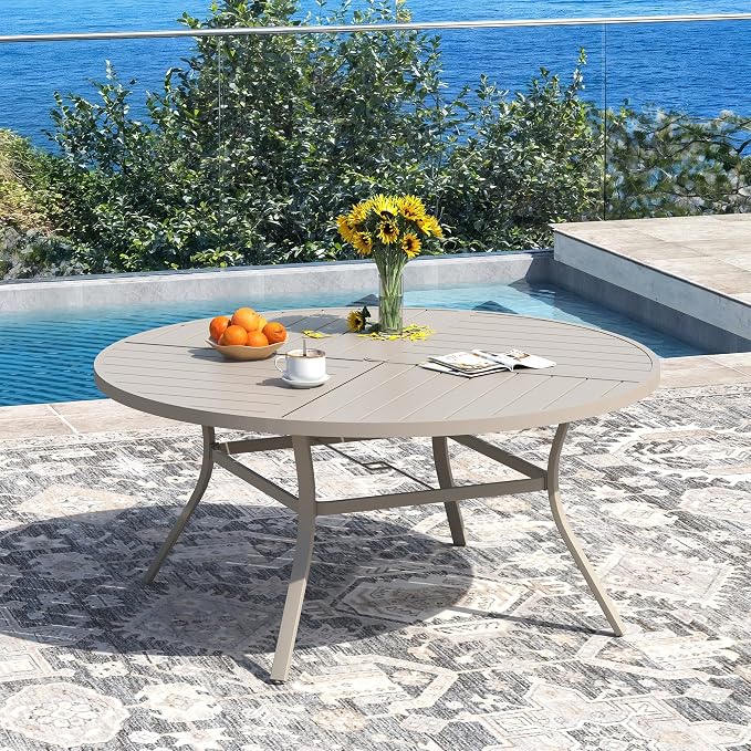 DIFY 7 Pieces Outdoor Patio Dining Set, 6 Sandshell Padded Textilene Swivel Dining Chairs and 53.1" Sandshell Round Metal Dining Table, Outdoor Table and Chairs for Poolside Backyard Deck