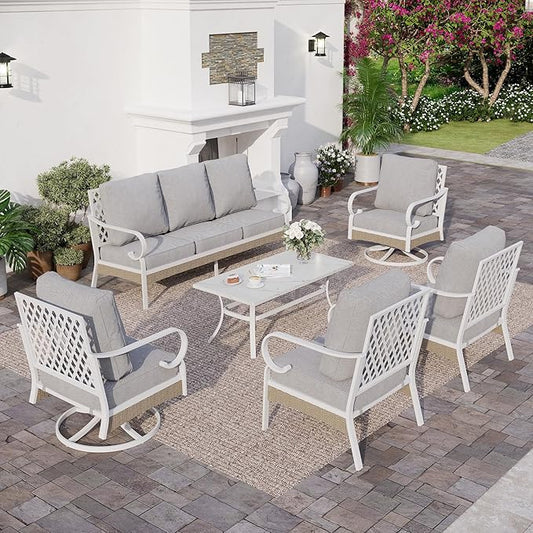 SUNSHINE VALLEY 6 Piece Metal Outdoor Patio Furniture Set, Patio Conversation Set 1 3-Seater Couch, 2 Fixed Sofa, 2 Swivel Sofa with 5.75" Thick Cushion and Coffee Table White Backyard Furniture, Gray