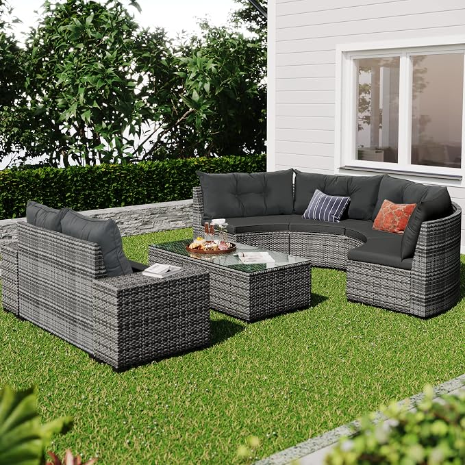 8-pieces Outdoor Patio Half-Moon Sectional Sofa Sets With Rectangular Coffee Table, All Weather PE Rattan Wicker Curved Sofa Set, Water-resistant and UV Protected Conversation Sets (Gray 8-piecesr)