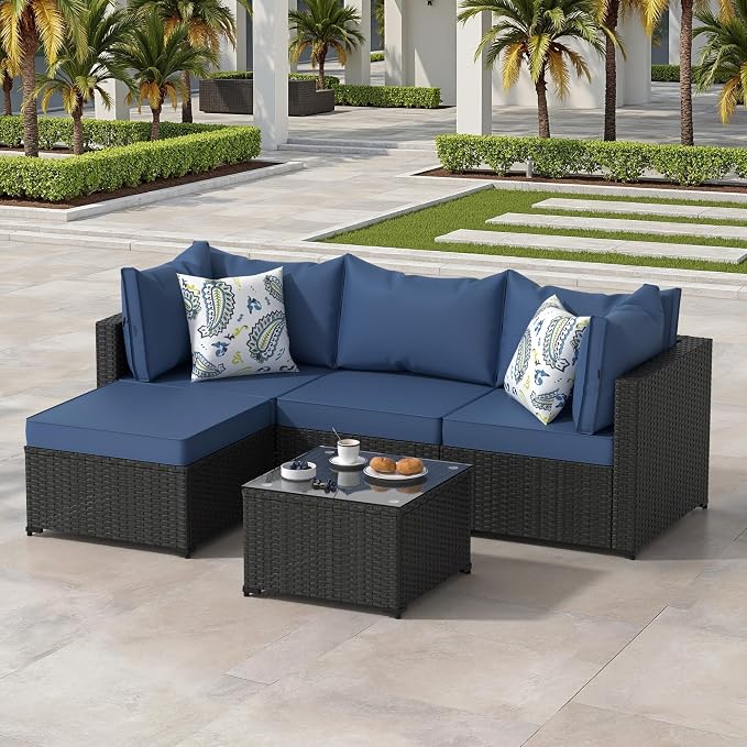 Patio Furniture Set, 5PCS Patio Sectional with Ottoman Wicker Rattan Outdoor Furniture with Thickened Cushion Modular Wicker Patio Conversation Set with Glass Top Table for Balcony, Backyard(Blue)