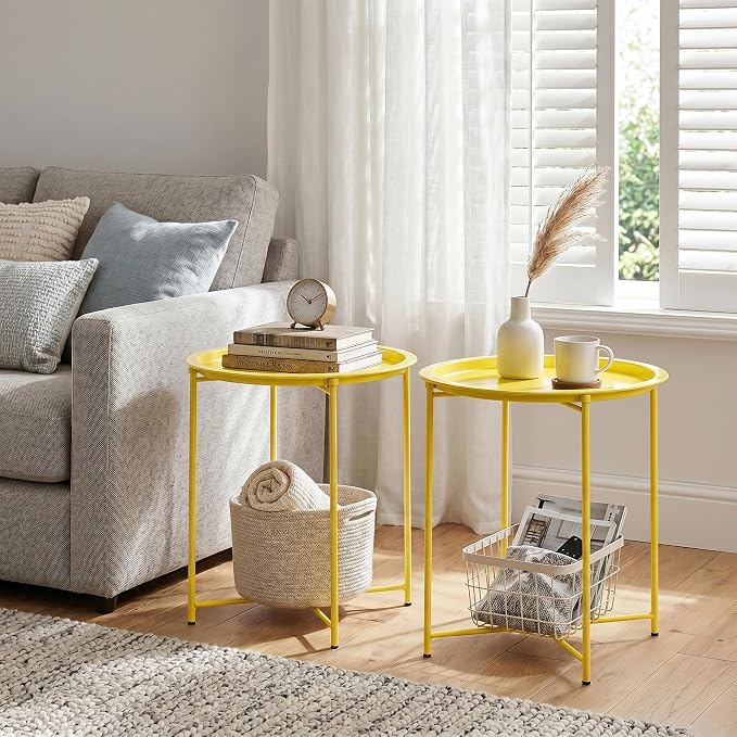 VECELO Side/End Table, Folding Round Metal Anti-Rust and Waterproof Outdoor or Indoor Tray for Living Room Bedroom Balcony and Office, 1 PCS,Yellow
