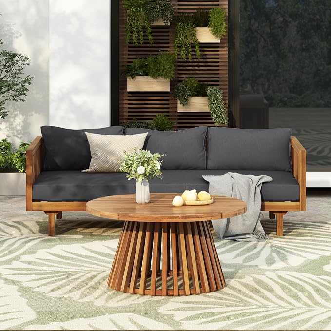 Christopher Knight Home Claremont Patio Sofa and Coffee Table Set, 2 Piece Outdoor Patio Furniture Set with Cushion, Acacia Wood 3 Seater Outdoor Sofa Daybed and Coffee Table Set, Teak+Dark Grey
