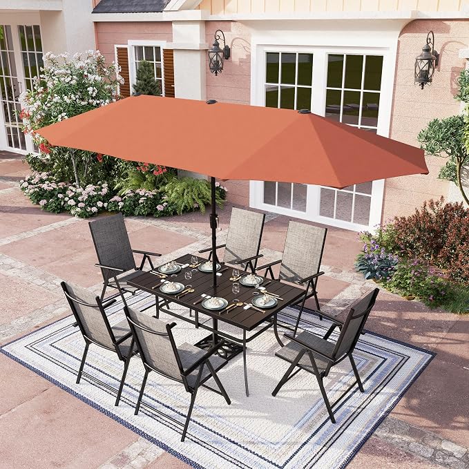 PHI VILLA Outdoor Dining Set with Umbrella for 6, Patio Dining Set with Outdoor Table and Chairs Set, Ajustable Grey Folding Patio Chairs (No Umbrella Base)