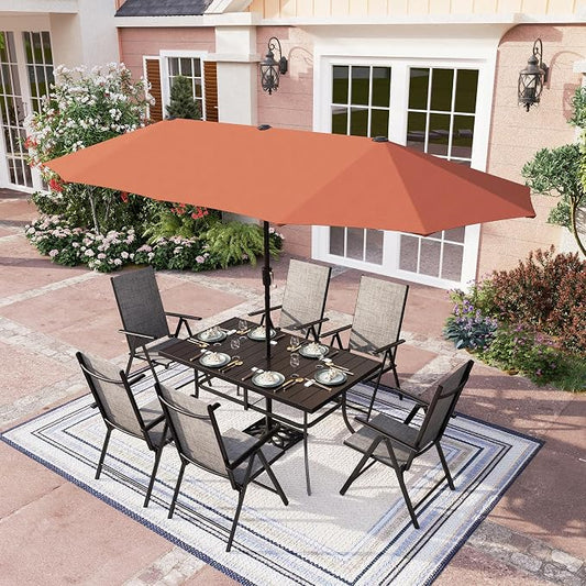 PHI VILLA Outdoor Dining Set with Umbrella for 6, Patio Dining Set with Outdoor Table and Chairs Set, Ajustable Grey Folding Patio Chairs (No Umbrella Base)