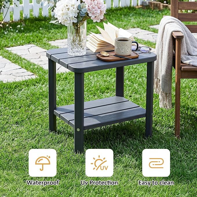 Side Table, Premium & Durable Outdoor Side Table, Resin Patio Side Table with Waterproof Design for Patio, Backyard, Pool, Porch Black(Two-piece Set)