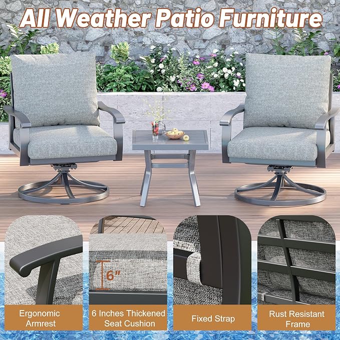 HOMREST Outdoor Swivel Rocker Patio Chairs with Coffee Table 3 PCS Bistro Set, 360 Degree Swivel Rocking Chair Patio Conversation Set with Thickened Cushions for Garden, Deck and Poolside