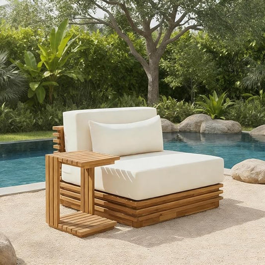Christopher Knight Home Oversized Outdoor 2 Piece Chat Set Acacia Wood Patio Club Chair and Side Table Natural Finish Water Repellent Cushions Deep Seat Patio Furniture Set Beige