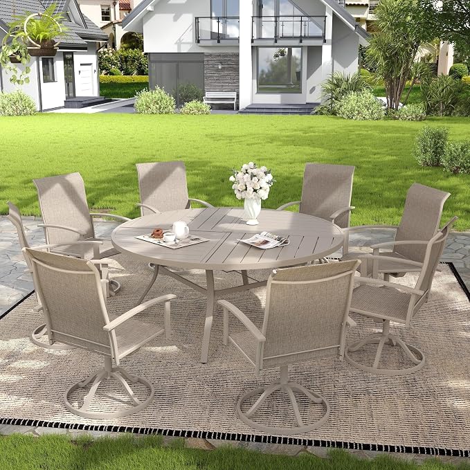 VICLLAX 9 Pieces Patio Outdoor Dining Set, 8 Swivel Textilene Chairs and 63" Round Metal Table with Umbrella Hole for Porch, Deck, Garden, Sandshell