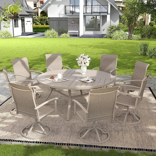 VICLLAX 9 Pieces Patio Outdoor Dining Set, 8 Swivel Textilene Chairs and 63" Round Metal Table with Umbrella Hole for Porch, Deck, Garden, Sandshell