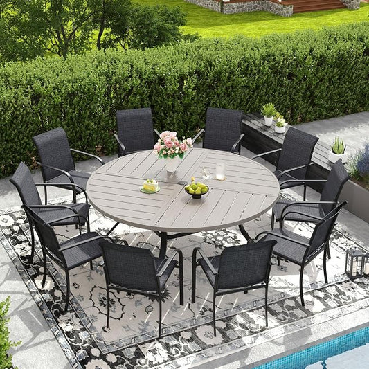 DIFY 11 Pieces Outdoor Patio Dining Set for 10, 63" Grey Wood-Like Round Metal Patio Table and 10 Grey Stackable Textilene Patio Chairs, Outdoor Table and Chairs for Backyard Garden Poolside