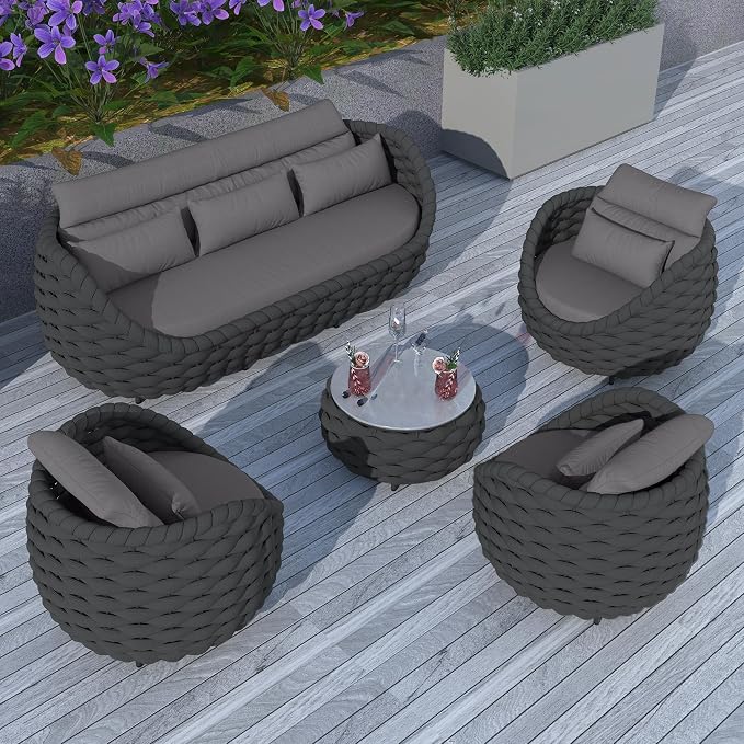TWT Outdoor Patio Furniture Set-6 Pieces Aluminum Sectional Sofa, Metal Patio Conversation Set with Threeseat & Armchair, Textile Rope and Coffee Table, Dark Grey