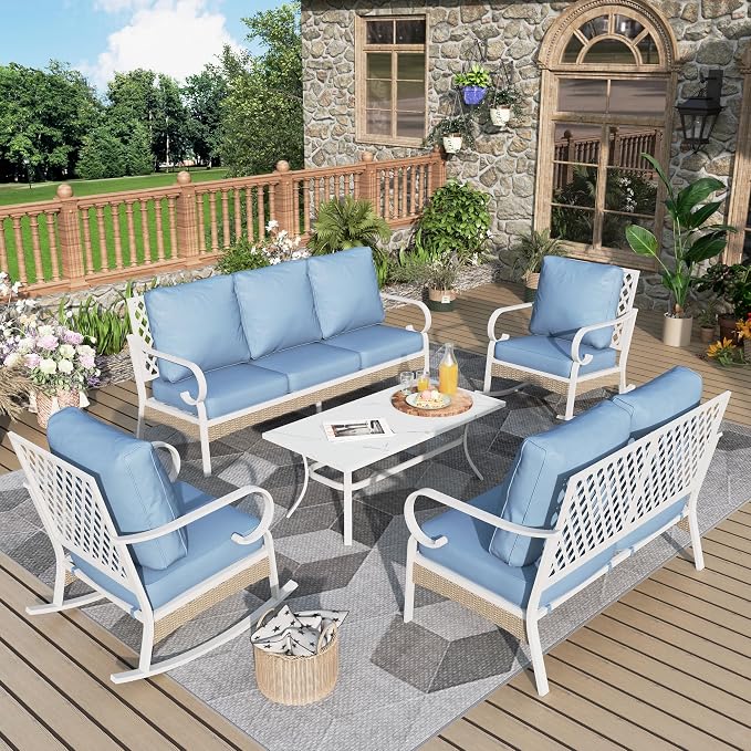 MIXPATIO 5 Piece Patio Furniture Set, 2 x Rocking Chair, 1 x 2-Seat Sofa, 1 x 3-Seat Sofa with Marbling Coffee Table, All Cushioned 7 Seats Outdoor Conversation Set for Lawn Garden Backyard, Blue