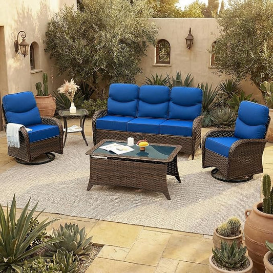 Patio Furniture Set with Luxury 6" Cushions, 5 Pcs High Back Swivel Rocking Patio Chairs and Couch, Outdoor Wicker Conversation Set for Deck, Porch, Backyard, Poolside, Blue