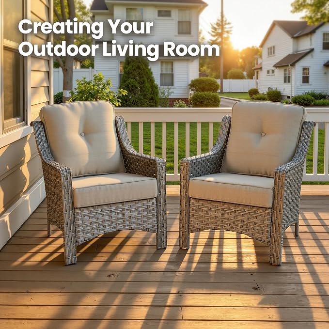 2 Piece Patio Furniture Set, Outdoor Wicker Chairs Set of 2 with Thick Cushion, Heavy Duty High Back Comfortable Chair for Small Balcony Porch Garden, Beige
