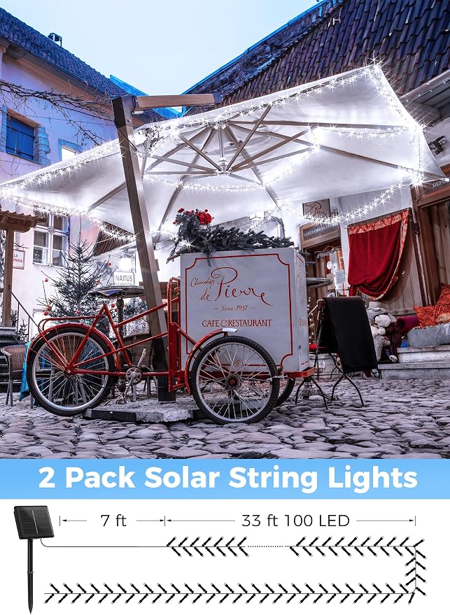 Solar String Lights Outdoor, 2 Pack Total 80FT 200 LED Solar Outdoor Lights | Solar Fairy Lights with 8 Lighting Modes, Waterproof Solar Lights for Outside Tree Garden Balcony Gazebo Party, Warm White