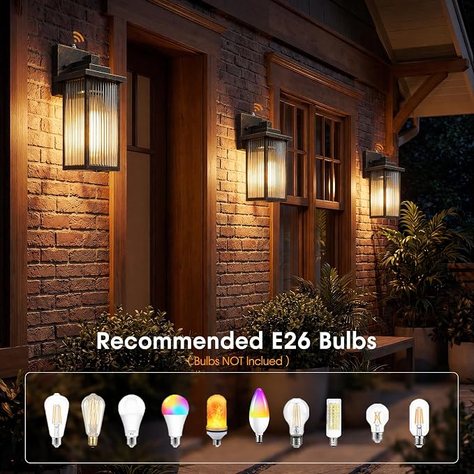 15-Inch Dusk to Dawn Outdoor Wall Light, Black Brush Gold All-Metal | Auto On at Dusk, Off at Dawn. Textured Glass Softens Glare. Waterproof Rust-Resistant Metal. Pre-Assembled DIY Install