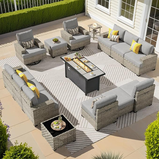 CAODOC 15-Piece Outdoor Sectional Sofa Set w/ 54" Fire Pit – L-Shaped Wicker Patio Furniture, Deep Seating & Swivel Rockers, Dark Gray