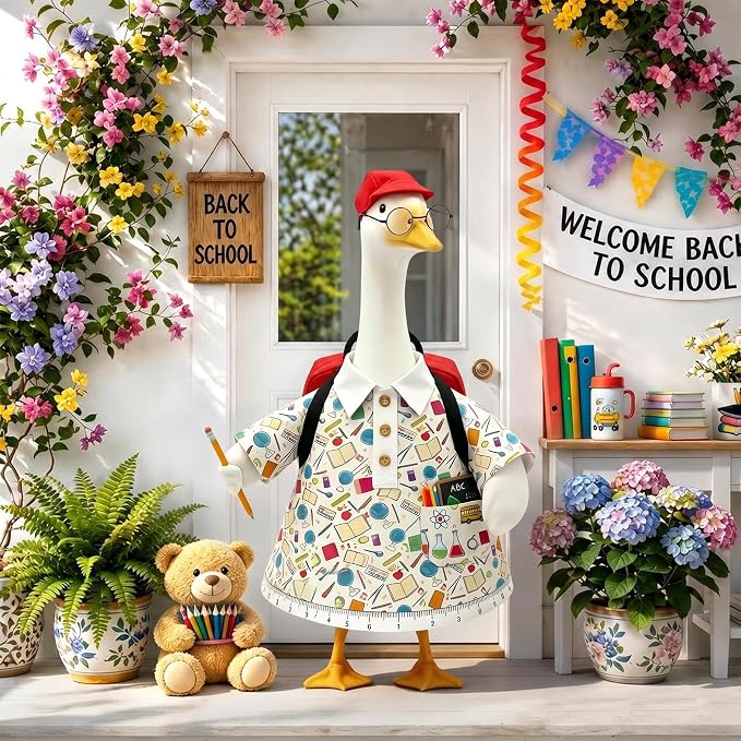 Back to School Porch Goose Outfit, Cute Porch Goose Clothes Costume with Backpack Hat Pencil Accessories, Lawn Goose Decor for Yard Garden Outdoor Porch Decoration