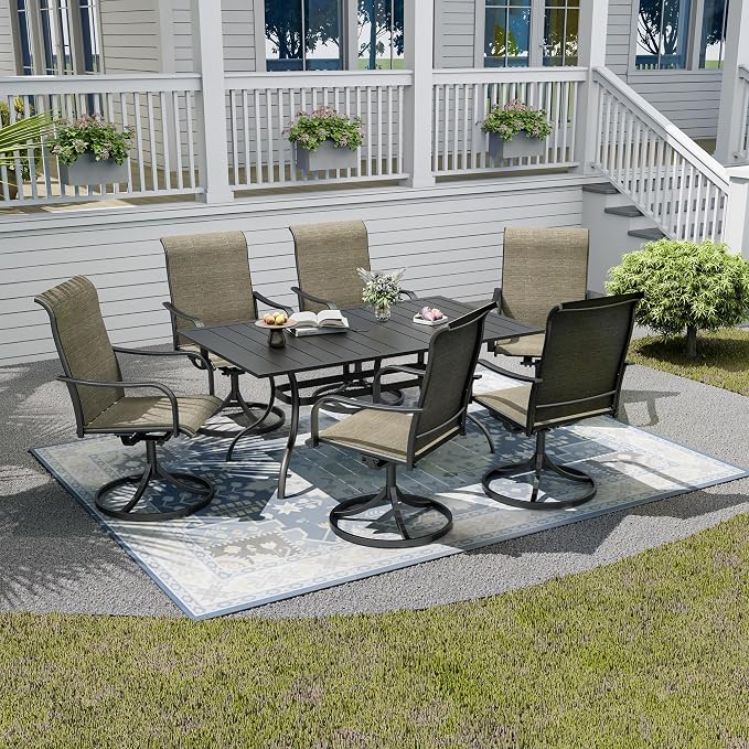 7-Piece Outdoor Dining Set with Umbrella Hole,63"x 38" Patio Table and Swivel Chairs Set for 6,Modern Garden Dining Set for Poolside Seaside Backyard