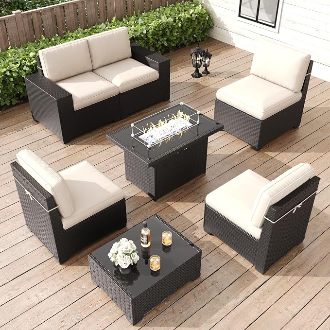 LayinSun 7 Pieces Patio Furniture Set with Fire Pit Table, Black Rattan Modular Sectional Patio Conversation Sofa Set