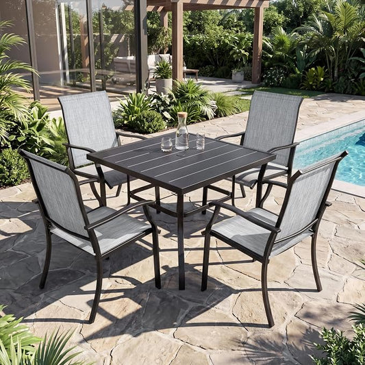 NUU GARDEN 5-Piece Patio Dining Set with Umbrella Hole, All Weather Outdoor Dining Set with 4 Textilene Chairs, 1 Square Table, Patio Table and Chair Set for Backyard Garden Poolside, Gray and Black
