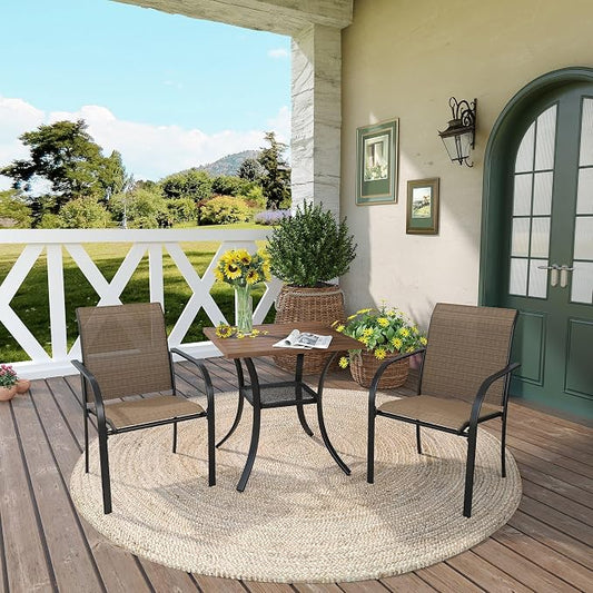 DIFY 3-Piece Outdoor Patio Bistro Dining Set, Walnut Small Square Dining Table & 2 Brown Stackable Metal Chairs with Breathable Fabric, Outdoor Furniture Set for Balcony, Porch, and Deck