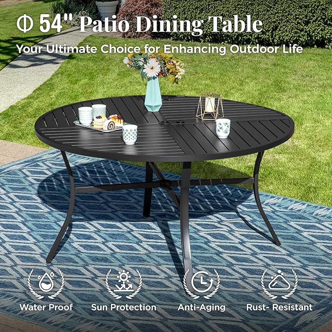 MIXPATIO Outdoor Patio Round Dining Table for 6, 54"x 54" Metal Round Table with Adjustable Umbrella Hole, All Weather Wrought Iron Black Outdoor Table for Deck Lawn Garden Backyard, Black