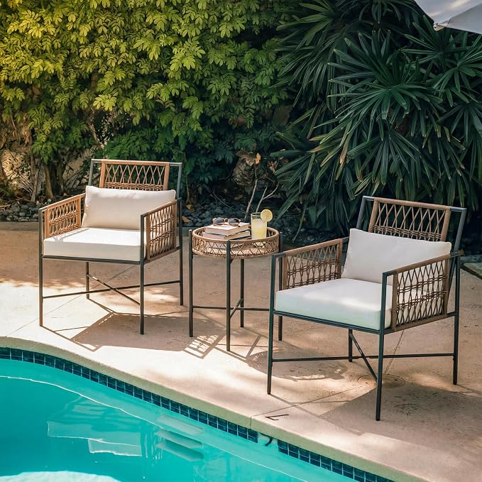 LAUSAINT HOME 3 Piece Patio Furniture Set, Outdoor Wicker Bistro Set with Handwoven PE Rattan Chairs & Round Side Table, Steel Frame Conversation Set for Patio, Balcony, Backyard, Poolside, Beige