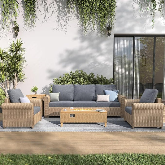 SUNSHINE VALLEY Patio Furniture Set, Wicker Rattan Outdoor Furniture Set with 5.5 Inch Thick Cushions, 2 Chairs and Fire Pit Table, 4 Pieces 5 Seats Patio Conversation Set for Backyard Deck, Grey