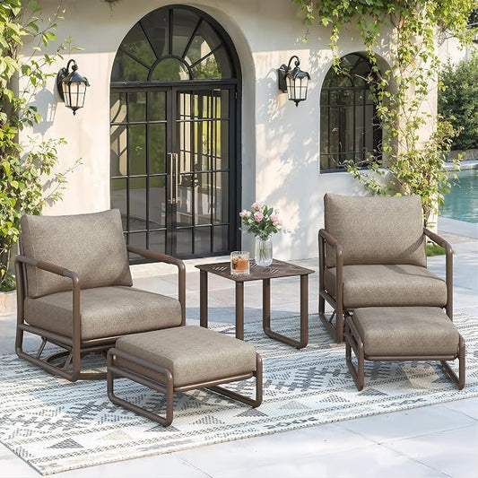 5-Pieces Round Aluminum Patio Furniture Set, Outdoor Swivel Rocking Chairs with 6.5" Thick Cushions & 2 Ottomans, All-Weather Rust-Resistant Frame Conversation Set for Porch, Garden, Backyard, Brown