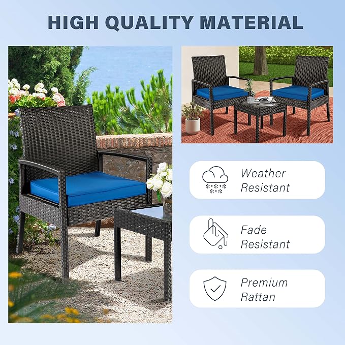 3PCS PE Rattan Patio Conversation Set, Outdoor Patio Furniture Sets | Thick Polyester Cushions, Tempered Coffee Table, Steel Frame Holds 330 LBS for Backyard Lawn Porch Poolside Balcony, Blue