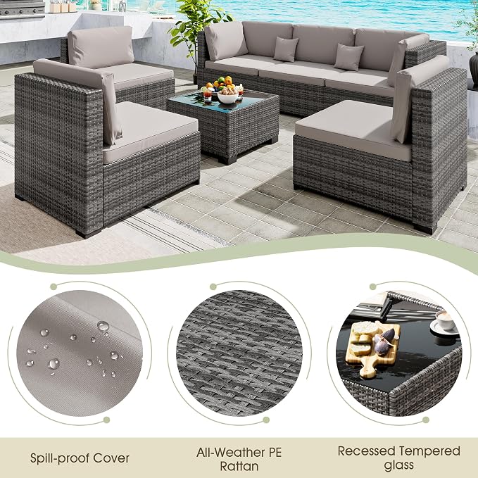 LHBcraft 7 Pieces Outdoor Furniture Set, Wicker Furniture Patio Conversation Sets with Tea Table and Thickened Beige Cushions,Grey Outdoor Patio Sectional Sofa for Garden, Poolside, Backyard