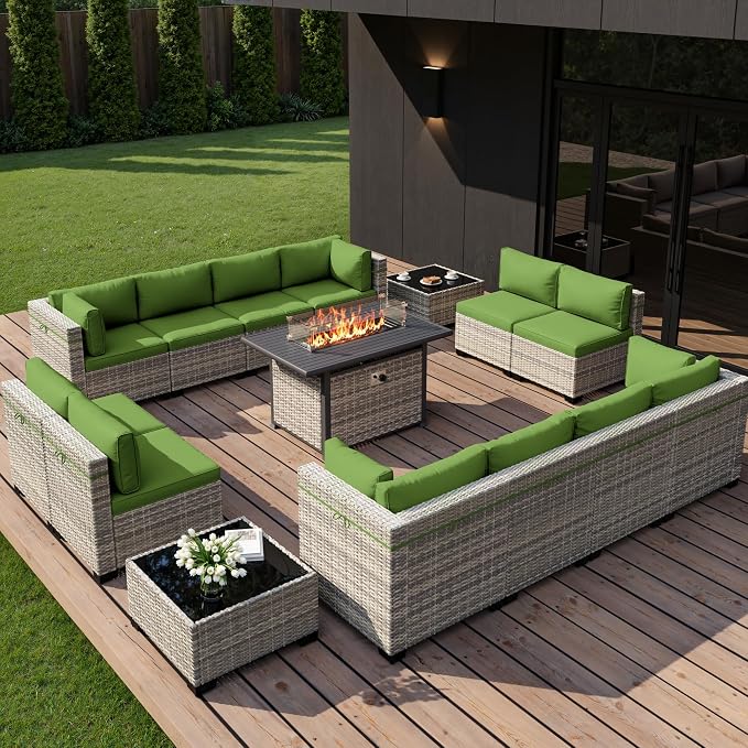 15-Piece Outdoor Patio Furniture Set with 55,000 BTU Fire Pit Table, PE Wicker Rattan Sectional Sofa Conversation Set - All-Weather Garden, Backyard Furniture, Avocado Green