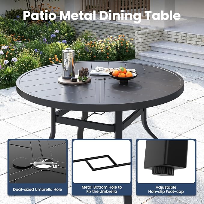 Amopatio 5 Pieces Patio Dining Set for 4, Outdoor Table and Chairs, 4 All Weather Stackable Patio Chairs, 39" Patio Spliced Round Table with Umbrella Hole, for Deck, Backyard, Garden, Blue