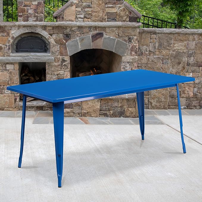 EMMA + OLIVER Commercial Grade 31.5" x 63" Rectangular Blue Metal Indoor-Outdoor Table